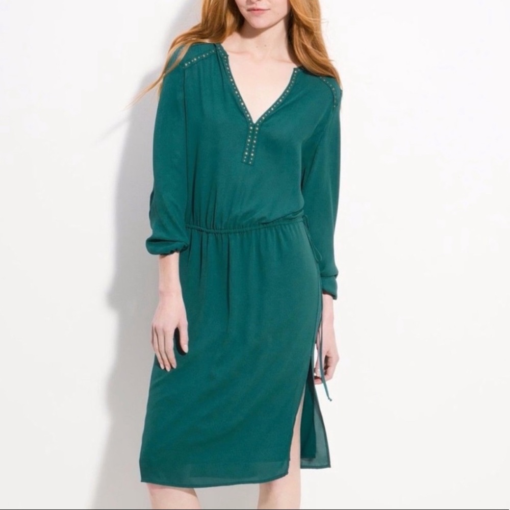 BCBGMaxAzria Teal Green V-Neck Midi Dress with Stud Trim